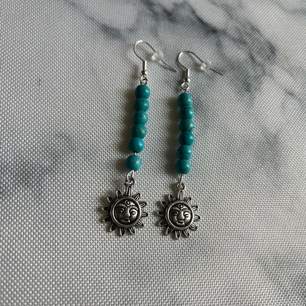 Handmade Sun pendant earrings with turquoise beads